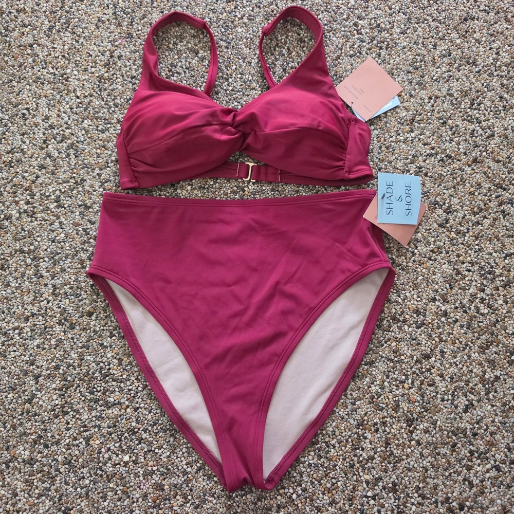 Shade & Shore Burgundy High Waist Cheeky Bikini Set Twist Front Top M 8-10